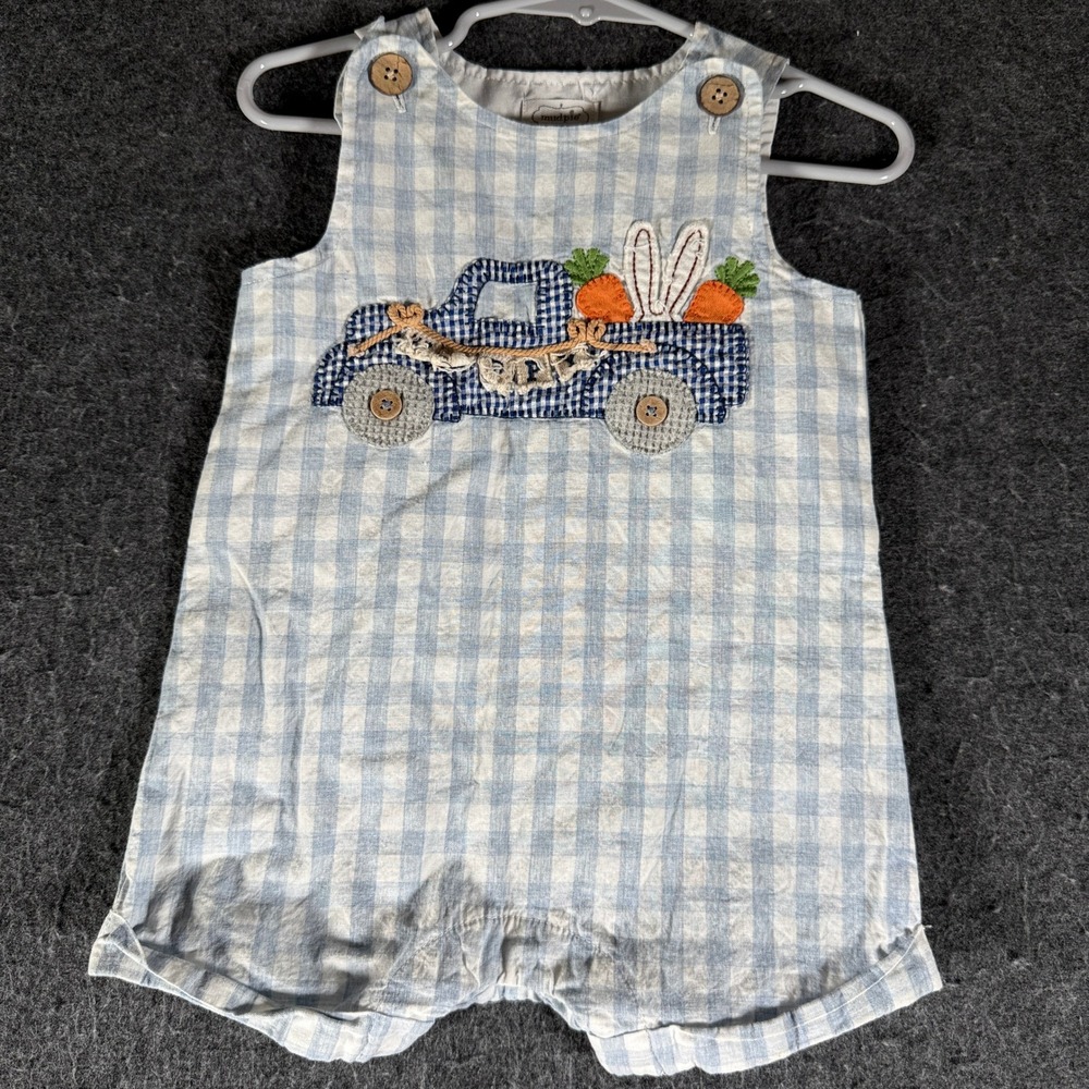Mud Pie Baby Boy Easter Truck Gingham Romper Blue White 9-12M